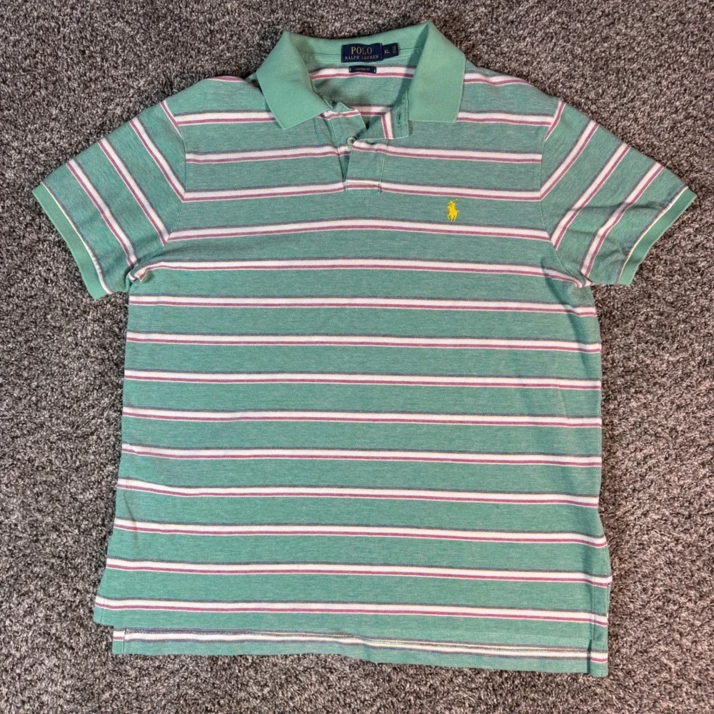 Polo Ralph Lauren Mens XL Custom Fit Striped Polo Shirt Green Pink Tennis Tail